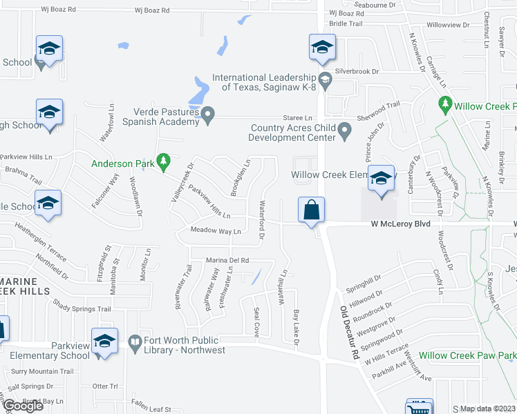 map of restaurants, bars, coffee shops, grocery stores, and more near 4716 Waterford Drive in Fort Worth