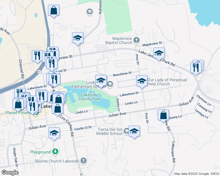 map of restaurants, bars, coffee shops, grocery stores, and more near 12824 Lakeshore Drive in Lakeside