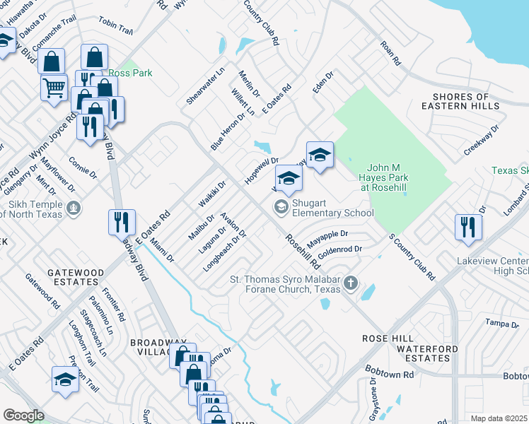 map of restaurants, bars, coffee shops, grocery stores, and more near 4726 Rosehill Road in Garland