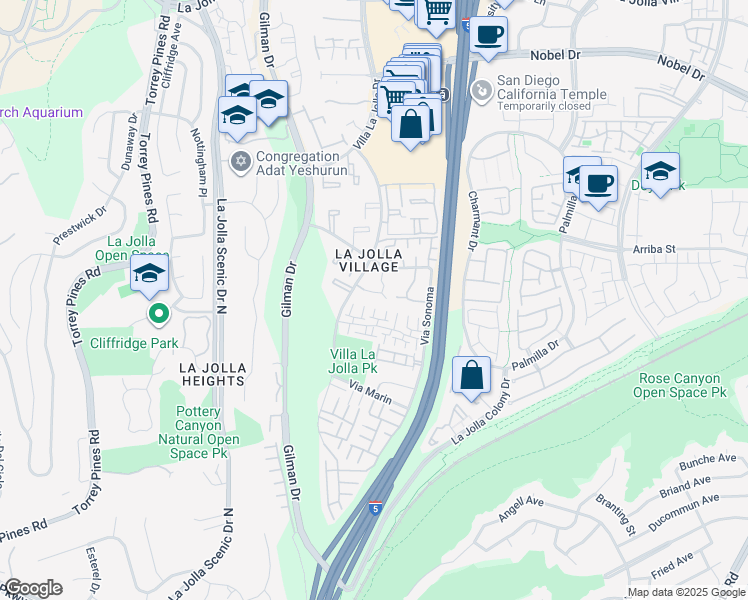 map of restaurants, bars, coffee shops, grocery stores, and more near 3230 Caminito Eastbluff in San Diego
