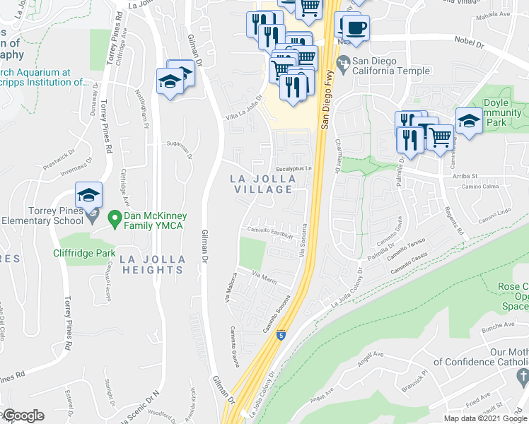 map of restaurants, bars, coffee shops, grocery stores, and more near 3230 Caminito Eastbluff in San Diego