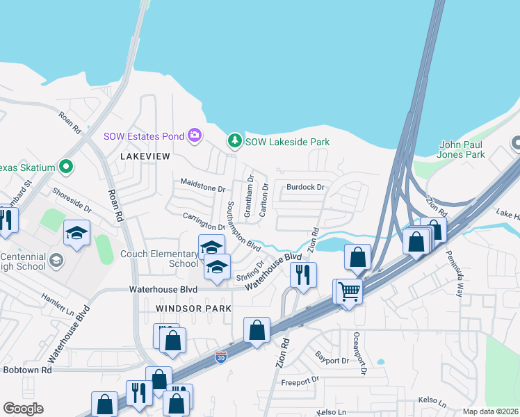 map of restaurants, bars, coffee shops, grocery stores, and more near 4609 Carlton Drive in Garland
