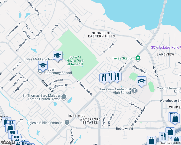 map of restaurants, bars, coffee shops, grocery stores, and more near 1417 Buena Vista Avenue in Garland