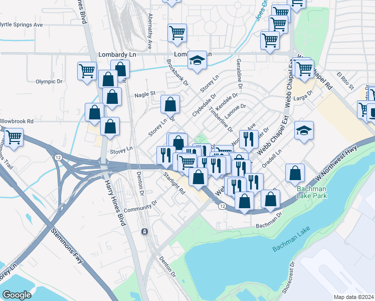map of restaurants, bars, coffee shops, grocery stores, and more near 2833 Community Drive in Dallas