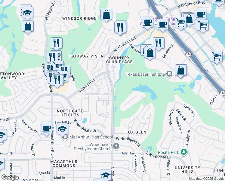 map of restaurants, bars, coffee shops, grocery stores, and more near 28 Bob White Drive in Irving