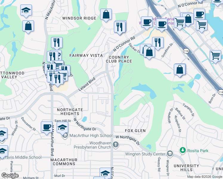map of restaurants, bars, coffee shops, grocery stores, and more near 28 Bob White Drive in Irving
