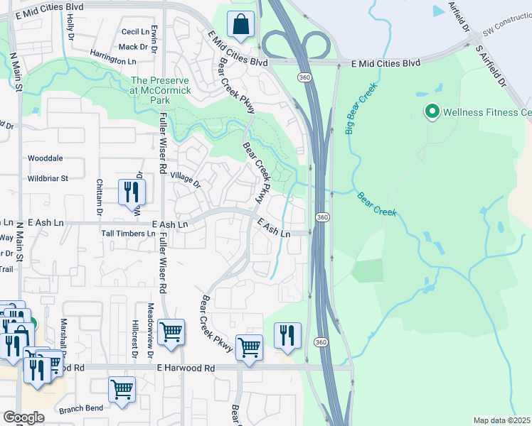 map of restaurants, bars, coffee shops, grocery stores, and more near 930 Brook Forest Lane in Euless