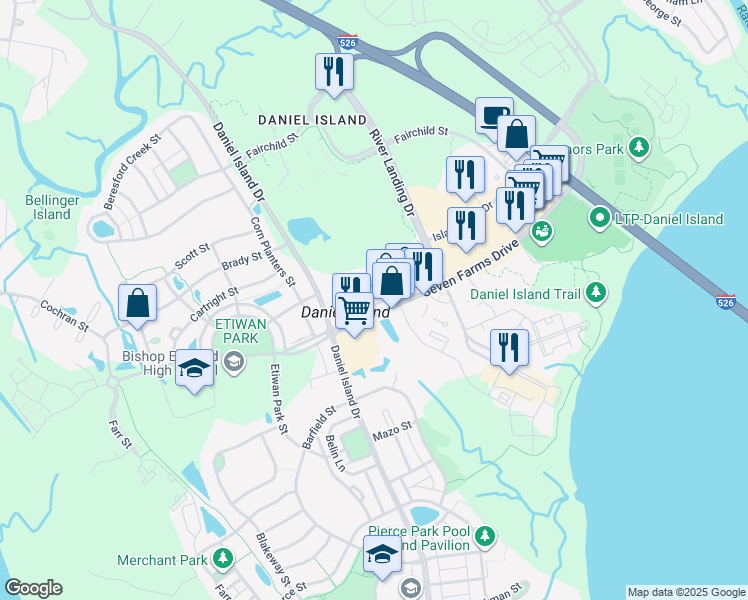 map of restaurants, bars, coffee shops, grocery stores, and more near 600 Bucksley Lane in Charleston