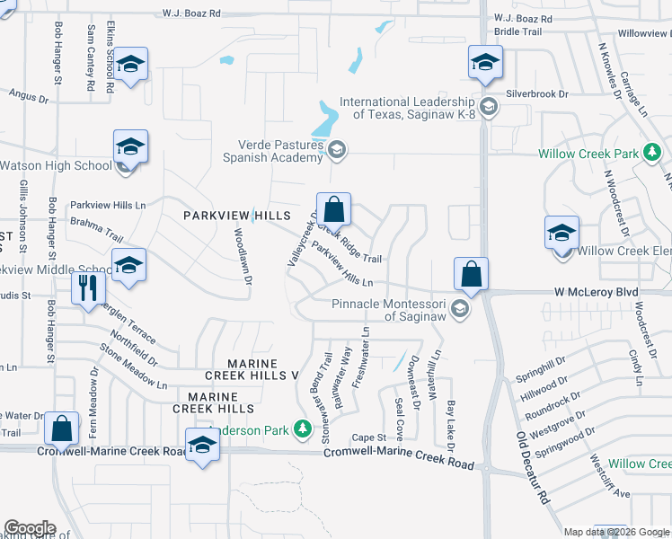 map of restaurants, bars, coffee shops, grocery stores, and more near 4909 Parkview Hills Lane in Fort Worth