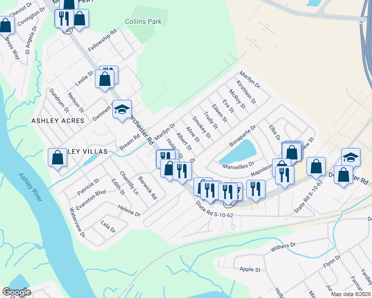 map of restaurants, bars, coffee shops, grocery stores, and more near 5307 Albert Street in North Charleston