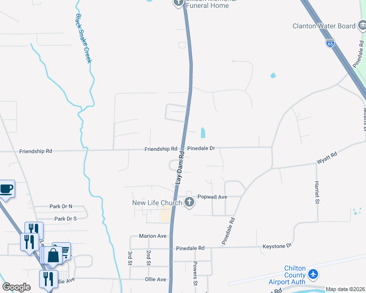 map of restaurants, bars, coffee shops, grocery stores, and more near 1302 Lay Dam Road in Clanton