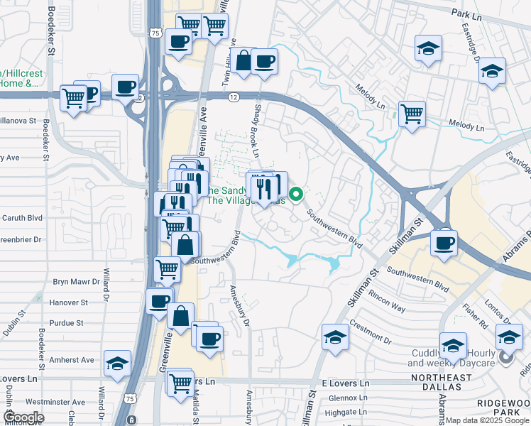map of restaurants, bars, coffee shops, grocery stores, and more near 5630 Village Glen Drive in Dallas
