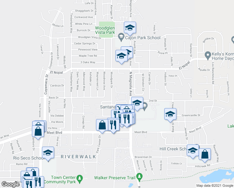 map of restaurants, bars, coffee shops, grocery stores, and more near 10318 Santana Ranch Drive in Santee