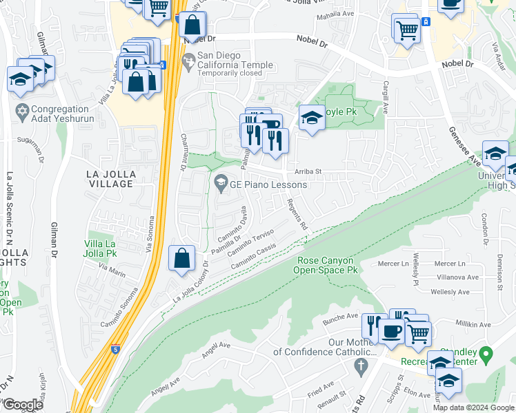 map of restaurants, bars, coffee shops, grocery stores, and more near 4165 Porte De Palmas in San Diego