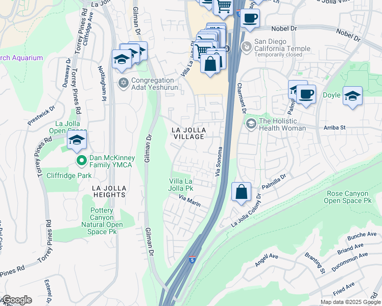 map of restaurants, bars, coffee shops, grocery stores, and more near 8441 Via Mallorca in San Diego