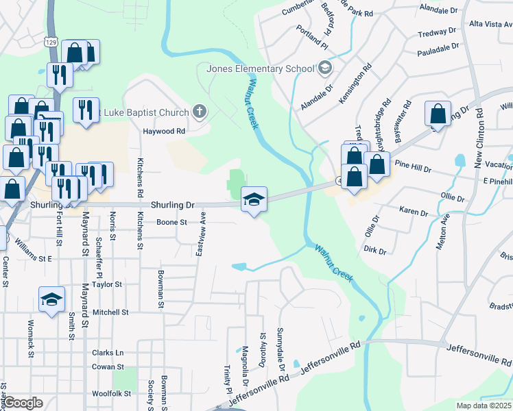 map of restaurants, bars, coffee shops, grocery stores, and more near 1301 Shurling Drive in Macon
