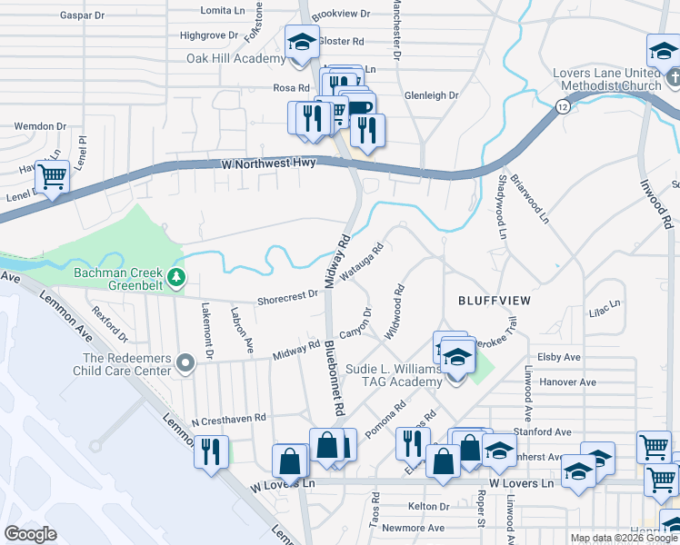 map of restaurants, bars, coffee shops, grocery stores, and more near 4506 Watauga Road in Dallas