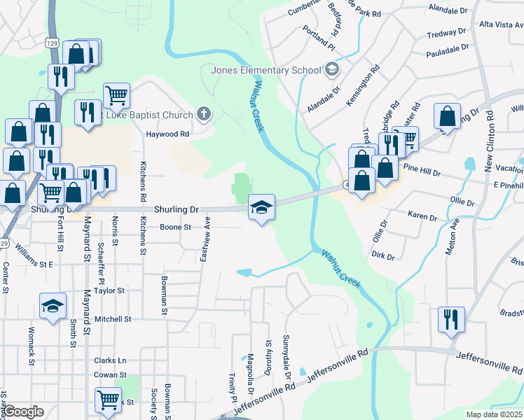 map of restaurants, bars, coffee shops, grocery stores, and more near 1301 Shurling Drive in Macon