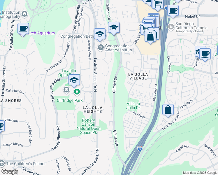 map of restaurants, bars, coffee shops, grocery stores, and more near 8415 Sugarman Drive in San Diego