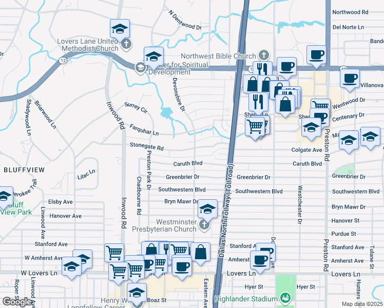 map of restaurants, bars, coffee shops, grocery stores, and more near 5638 Stonegate Road in Dallas