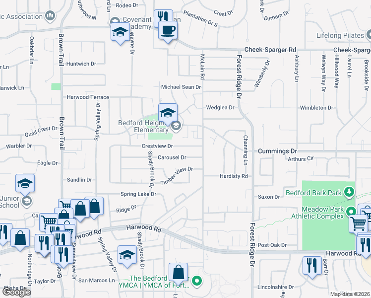 map of restaurants, bars, coffee shops, grocery stores, and more near 1201 Carousel Drive in Bedford