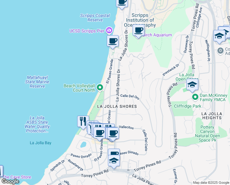 map of restaurants, bars, coffee shops, grocery stores, and more near 8412 La Jolla Shores Drive in San Diego