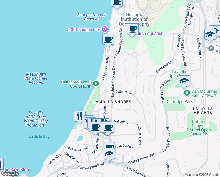 map of restaurants, bars, coffee shops, grocery stores, and more near 8412 La Jolla Shores Drive in San Diego