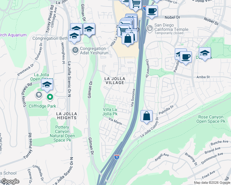 map of restaurants, bars, coffee shops, grocery stores, and more near 8441 Via Mallorca in San Diego