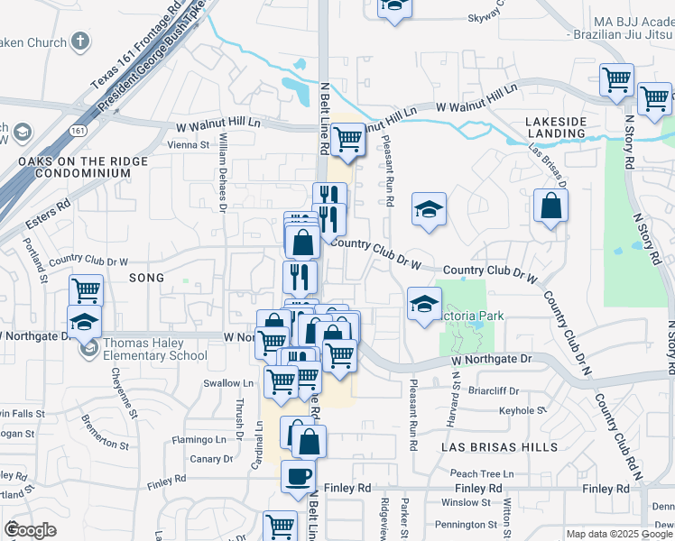 map of restaurants, bars, coffee shops, grocery stores, and more near 3800 North Belt Line Road in Irving