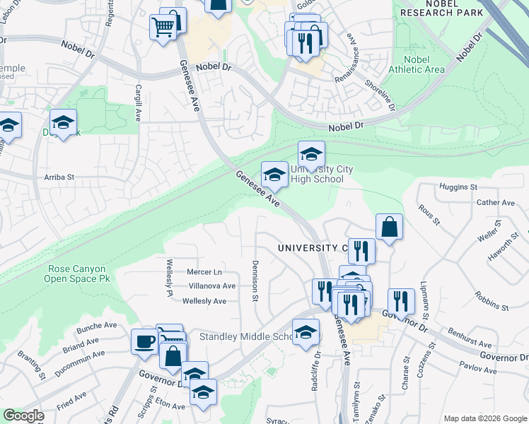 map of restaurants, bars, coffee shops, grocery stores, and more near 7110 Dennison Place in San Diego