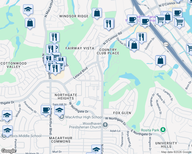 map of restaurants, bars, coffee shops, grocery stores, and more near 28 Bob White Drive in Irving