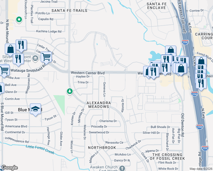 map of restaurants, bars, coffee shops, grocery stores, and more near 6412 Geneva Lane in Fort Worth