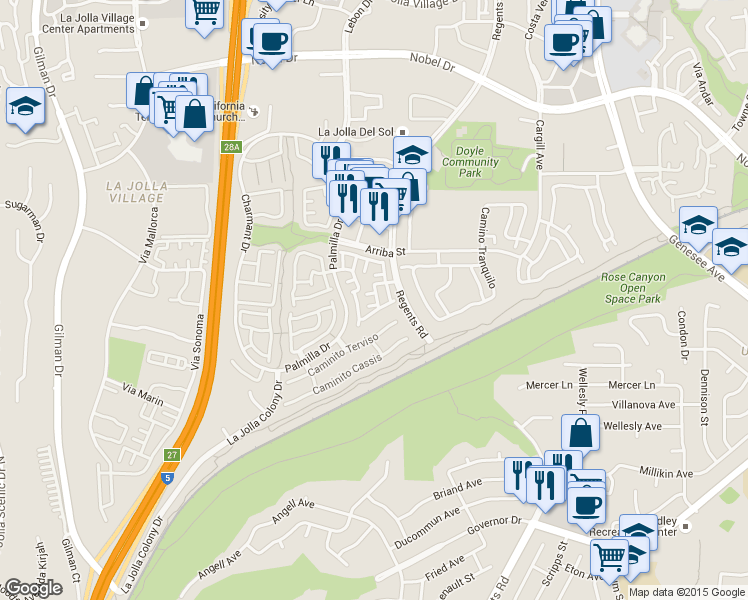 map of restaurants, bars, coffee shops, grocery stores, and more near 4185 Porte De Merano in San Diego