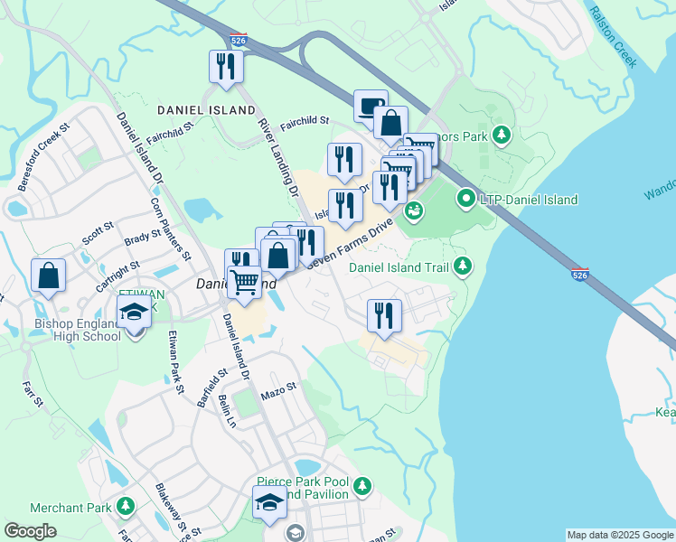 map of restaurants, bars, coffee shops, grocery stores, and more near 210 River Landing Drive in Charleston
