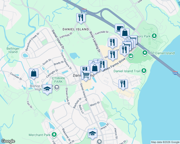 map of restaurants, bars, coffee shops, grocery stores, and more near 280 Seven Farms Drive in Charleston