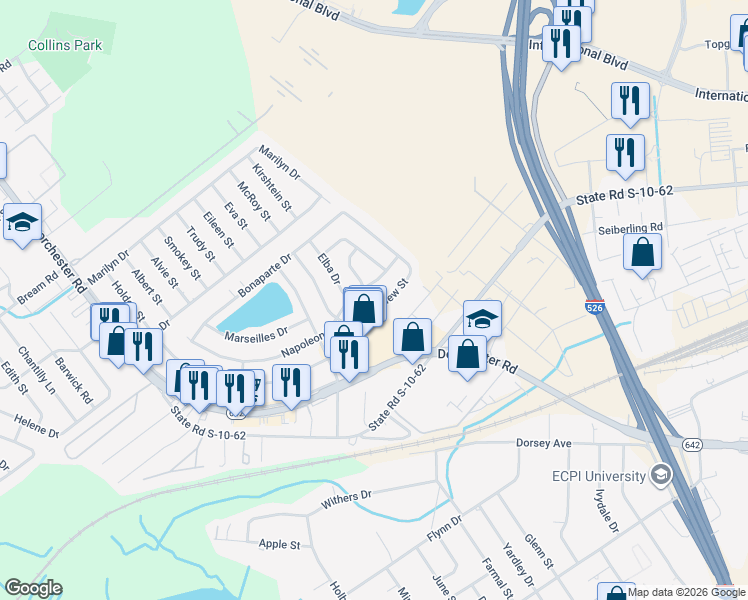 map of restaurants, bars, coffee shops, grocery stores, and more near 5087 Westview Street in North Charleston