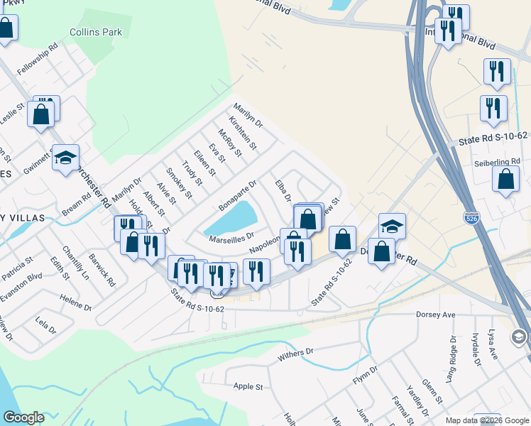 map of restaurants, bars, coffee shops, grocery stores, and more near 5108 Marseilles Drive in North Charleston