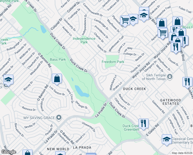 map of restaurants, bars, coffee shops, grocery stores, and more near 4409 Fairbanks Drive in Garland