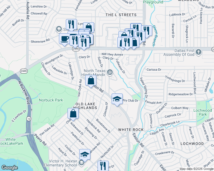 map of restaurants, bars, coffee shops, grocery stores, and more near 414 Easton Road in Dallas