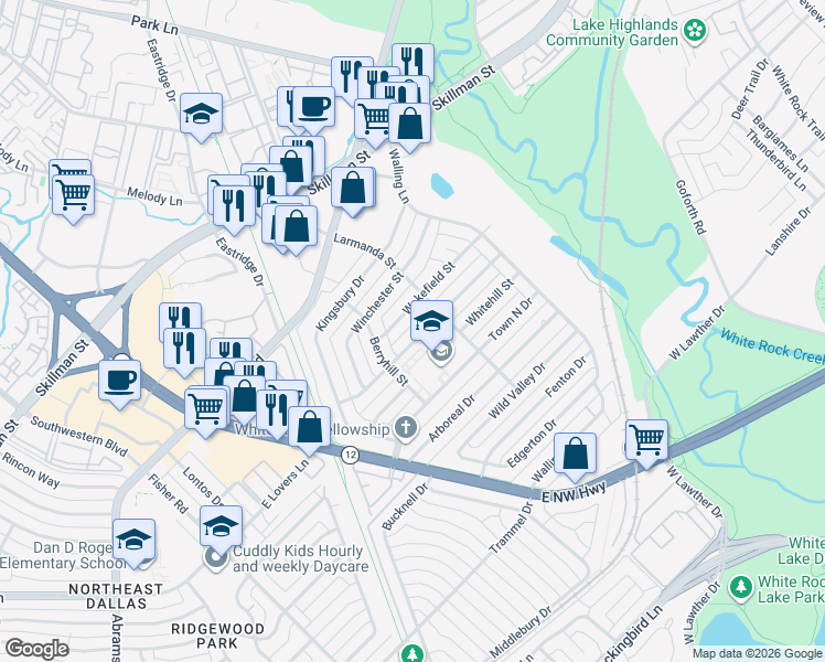 map of restaurants, bars, coffee shops, grocery stores, and more near 6929 Town North Drive in Dallas
