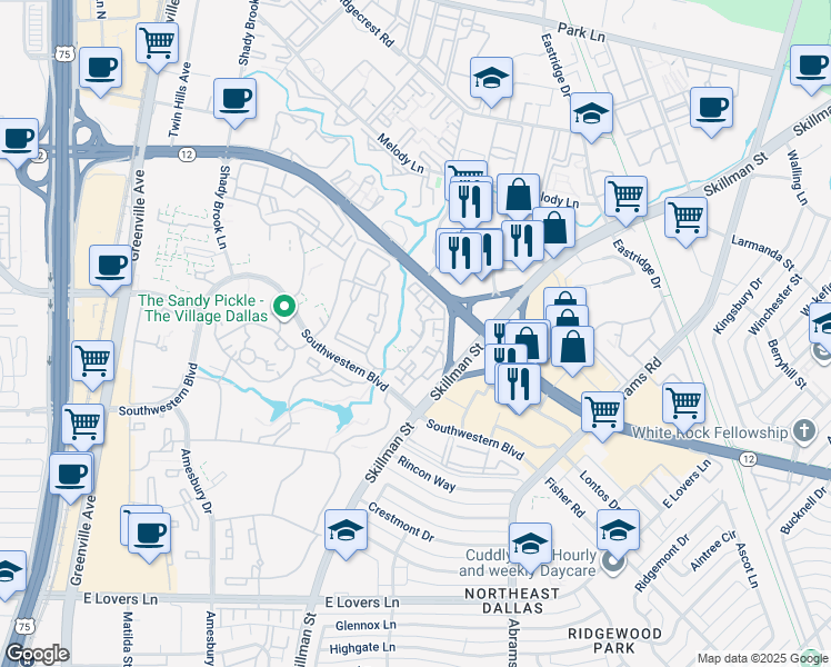 map of restaurants, bars, coffee shops, grocery stores, and more near 8865 Southwestern Boulevard in Dallas