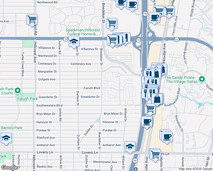 map of restaurants, bars, coffee shops, grocery stores, and more near 20 Saint Laurent Place in Dallas