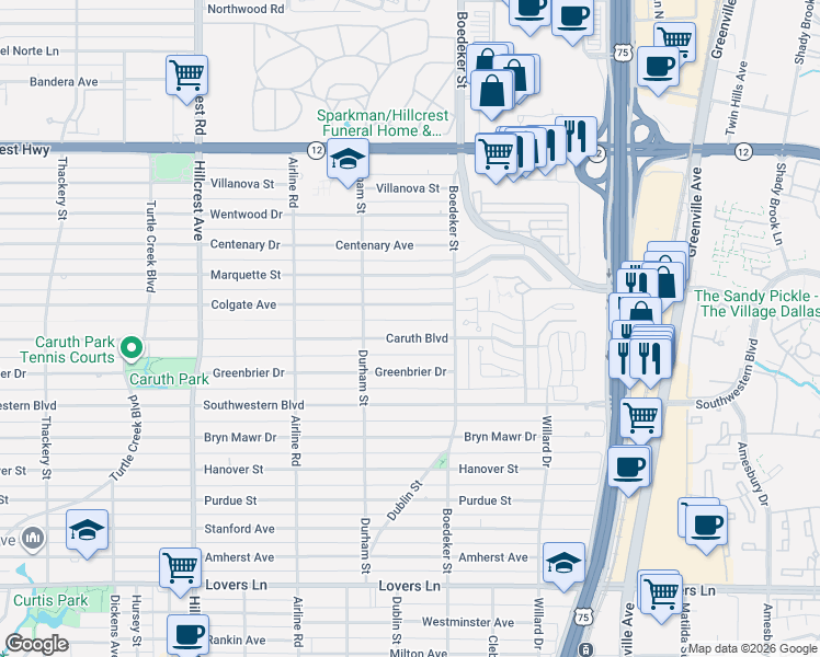map of restaurants, bars, coffee shops, grocery stores, and more near 7502 Caruth Boulevard in Dallas