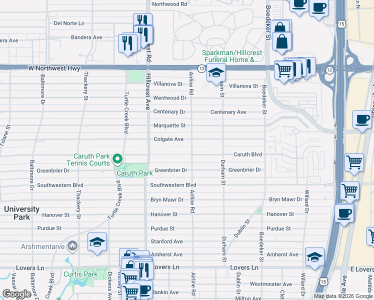 map of restaurants, bars, coffee shops, grocery stores, and more near 3201 Caruth Boulevard in Dallas