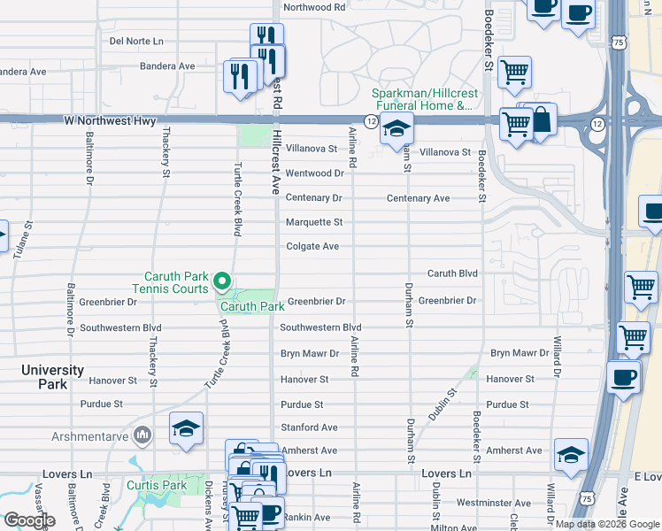 map of restaurants, bars, coffee shops, grocery stores, and more near 3225 Caruth Boulevard in Dallas