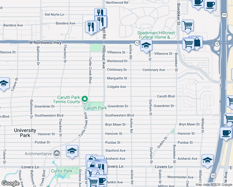 map of restaurants, bars, coffee shops, grocery stores, and more near 3225 Caruth Boulevard in Dallas
