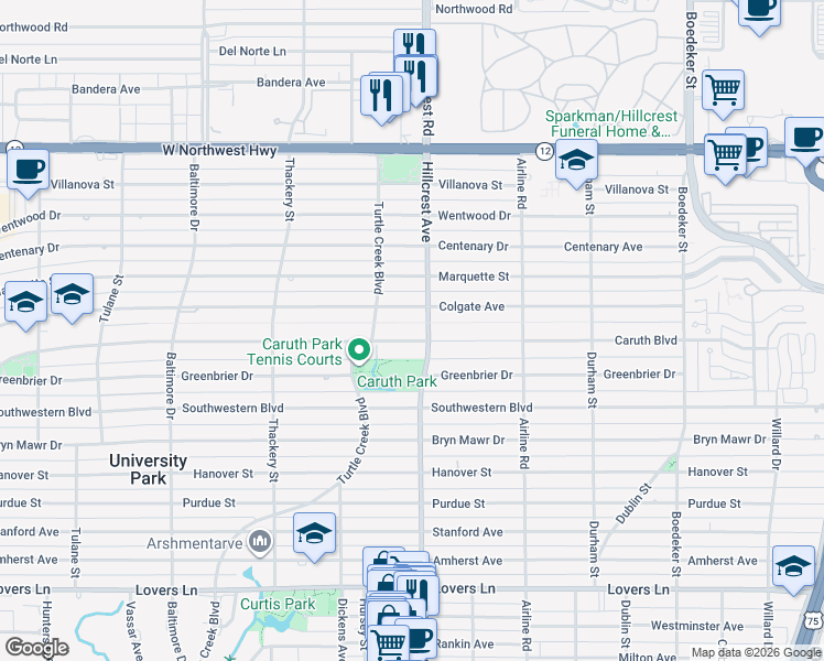 map of restaurants, bars, coffee shops, grocery stores, and more near 3409 Caruth Boulevard in Dallas