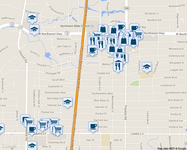 map of restaurants, bars, coffee shops, grocery stores, and more near 4324 Caruth Boulevard in Dallas