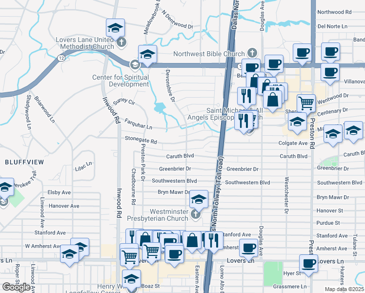 map of restaurants, bars, coffee shops, grocery stores, and more near 5627 Caruth Boulevard in Dallas