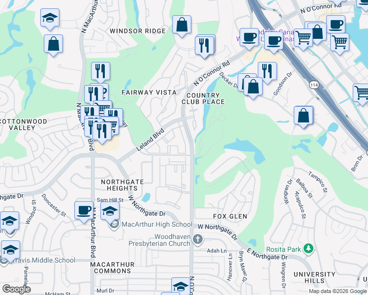 map of restaurants, bars, coffee shops, grocery stores, and more near 28 Bob White Drive in Irving